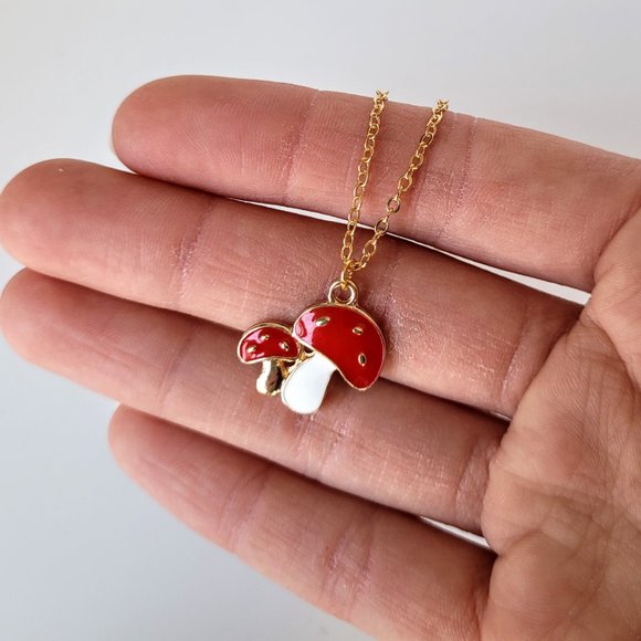 Red and White Cute Mushroom Necklace with Dainty Gold Chain - Picture 3 of 9